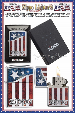 Zippo Windproof Lighter Z29095 Zippo US Flag Fusion Design High Polish Chrome Windproof Pocket Lighter 2-1/4"x1/2"x1-1/2" Comes With a Lifetime Guarantee    