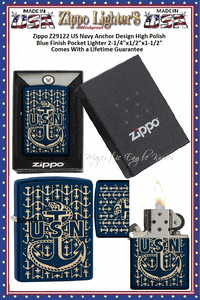 Zippo Windproof Lighter Z29122 Zippo Navy Blue Matte United States USN Anchor Design Windproof Pocket Lighter 2-1/4"x1/2"x1-1/2" Comes With a Lifetime Guarantee