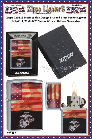Zippo Windproof Lighter Z29123 Zippo USMC and American Flag Design Windproof Pocket Lighter 2-1/4"x1/2"x1-1/2" Comes With a Lifetime Guarantee Zippo Windproof Lighter Z29123 Zippo USMC and American Flag Design Windproof Pocket Lighter 2-1/4"x1/2"x1-1/2" Comes With a Lifetime Guarantee