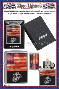 Zippo Windproof Lighter Z29123 Zippo USMC and American Flag Design Windproof Pocket Lighter 2-1/4"x1/2"x1-1/2" Comes With a Lifetime Guarantee Zippo Windproof Lighter Z29123 Zippo USMC and American Flag Design Windproof Pocket Lighter 2-1/4"x1/2"x1-1/2" Comes With a Lifetime Guarantee