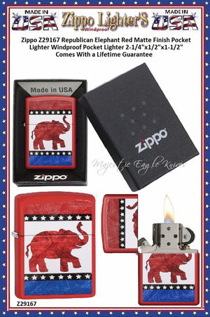 Zippo Windproof Lighter Z29167 Zippo Republican Elephant Red Matte Finish Windproof Pocket Lighter 2-1/4"x1/2"x1-1/2" Comes With a Lifetime Guarantee Zippo Windproof Lighter Z29167 Zippo Republican Elephant Red Matte Finish Windproof Pocket Lighter 2-1/4"x1/2"x1-1/2" Comes With a Lifetime Guarantee