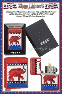 Zippo Windproof Lighter Z29167 Zippo Republican Elephant Red Matte Finish Windproof Pocket Lighter 2-1/4"x1/2"x1-1/2" Comes With a Lifetime Guarantee Zippo Windproof Lighter Z29167 Zippo Republican Elephant Red Matte Finish Windproof Pocket Lighter 2-1/4"x1/2"x1-1/2" Comes With a Lifetime Guarantee