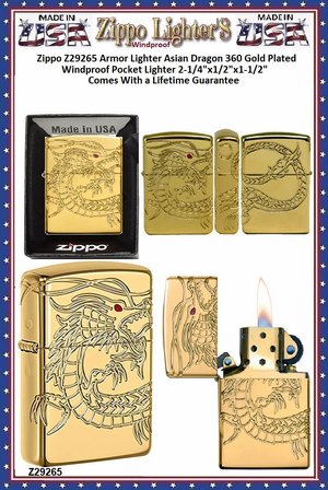 Zippo Windproof Lighter Z29265 ZIPPO ASIAN Dragon 360* Armor Gold Plated Multicut Windproof Pocket Lighter 2-1/4"x1/2"x1-1/2" Comes With a Lifetime Guarantee Zippo Windproof Lighter Z29265 ZIPPO ASIAN Dragon 360* Armor Gold Plated Multicut Windproof Pocket Lighter 2-1/4"x1/2"x1-1/2" Comes With a Lifetime Guarantee