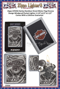Zippo Windproof Lighter Z29266 Zippo Harley Davidson Street Motor Flag Chrome Design Windproof Pocket Lighter 2-1/4"x1/2"x1-1/2" Comes With a Lifetime Guarantee 