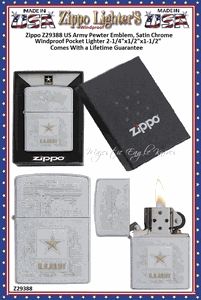 Zippo Windproof Lighter Z29388 Zippo US Army Pewter Emblem, Satin Chrome Windproof Pocket Lighter 2-1/4"x1/2"x1-1/2" Comes With a Lifetime Guarantee 