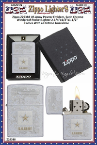 Zippo Windproof Lighter Z29388 Zippo US Army Pewter Emblem, Satin Chrome Windproof Pocket Lighter 2-1/4"x1/2"x1-1/2" Comes With a Lifetime Guarantee Zippo Windproof Lighter Z29388 Zippo US Army Pewter Emblem, Satin Chrome Windproof Pocket Lighter 2-1/4"x1/2"x1-1/2" Comes With a Lifetime Guarantee