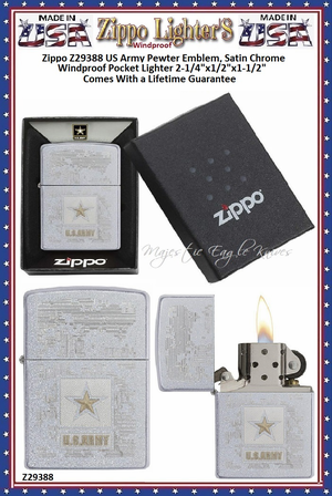 Zippo Windproof Lighter Z29388 Zippo US Army Pewter Emblem, Satin Chrome Windproof Pocket Lighter 2-1/4"x1/2"x1-1/2" Comes With a Lifetime Guarantee Zippo Windproof Lighter Z29388 Zippo US Army Pewter Emblem, Satin Chrome Windproof Pocket Lighter 2-1/4"x1/2"x1-1/2" Comes With a Lifetime Guarantee