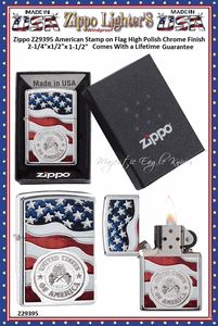 Zippo Windproof Lighter Z29395 Zippo American Stamp on Flag High Polish Chrome Finish Windproof Pocket Lighter 2-1/4"x1/2"x1-1/2" Comes With a Lifetime Guarantee  