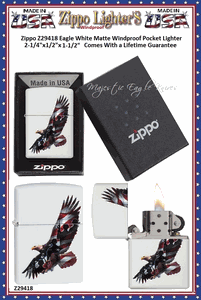 Zippo Windproof Lighter Z29418 Zippo Eagle White Matte Windproof Pocket Lighter 2-1/4"x1/2"x1-1/2" Comes With a Lifetime Guarantee   