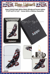 Zippo Windproof Lighter Z29418 Zippo Eagle White Matte Windproof Pocket Lighter 2-1/4"x1/2"x1-1/2" Comes With a Lifetime Guarantee   