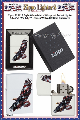 Zippo Windproof Lighter Z29418 Zippo Eagle White Matte Windproof Pocket Lighter 2-1/4"x1/2"x1-1/2" Comes With a Lifetime Guarantee Zippo Windproof Lighter Z29418 Zippo Eagle White Matte Windproof Pocket Lighter 2-1/4"x1/2"x1-1/2" Comes With a Lifetime Guarantee