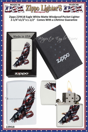 Zippo Windproof Lighter Z29418 Zippo Eagle White Matte Windproof Pocket Lighter 2-1/4"x1/2"x1-1/2" Comes With a Lifetime Guarantee Zippo Windproof Lighter Z29418 Zippo Eagle White Matte Windproof Pocket Lighter 2-1/4"x1/2"x1-1/2" Comes With a Lifetime Guarantee