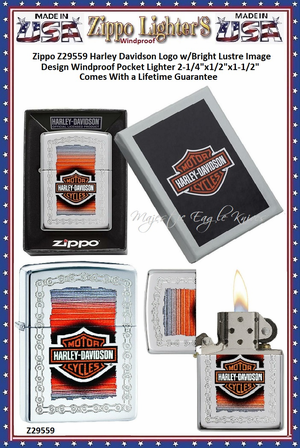 Zippo Windproof Lighter Z29559 Zippo Harley Davidson Logo w/Bright Luster Image Design Windproof Pocket Lighter 2-1/4"x1/2"x1-1/2" Comes With a Lifetime Guarantee Zippo Windproof Lighter Z29559 Zippo Harley Davidson Logo w/Bright Luster Image Design Windproof Pocket Lighter 2-1/4"x1/2"x1-1/2" Comes With a Lifetime Guarantee