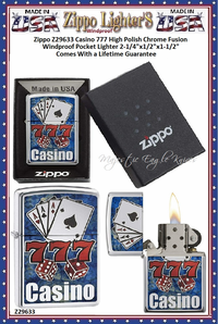 Zippo Windproof Lighter Z29633 Zippo Casino 777 High Polish Chrome Fusion Windproof Pocket Lighter 2-1/4"x1/2"x1-1/2" Comes With a Lifetime Guarantee Zippo Windproof Lighter Z29633 Zippo Casino 777 High Polish Chrome Fusion Windproof Pocket Lighter 2-1/4"x1/2"x1-1/2" Comes With a Lifetime Guarantee
