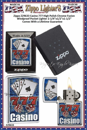 Zippo Windproof Lighter Z29633 Zippo Casino 777 High Polish Chrome Fusion Windproof Pocket Lighter 2-1/4"x1/2"x1-1/2" Comes With a Lifetime Guarantee Zippo Windproof Lighter Z29633 Zippo Casino 777 High Polish Chrome Fusion Windproof Pocket Lighter 2-1/4"x1/2"x1-1/2" Comes With a Lifetime Guarantee