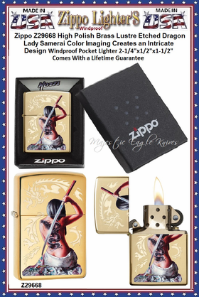 Zippo Windproof Lighter Z29668 Zippo High Polish Brass Lustre Etched Dragon Lady Samerai Color Imaging Creates an Intricate Design Windproof Pocket Lighter 2-1/4"x1/2"x1-1/2" Comes With a Lifetime Guarantee Zippo Windproof Lighter Z29668 Zippo High Polish Brass Lustre Etched Dragon Lady Samerai Color Imaging Creates an Intricate Design Windproof Pocket Lighter 2-1/4"x1/2"x1-1/2" Comes With a Lifetime Guarantee