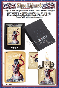 Zippo Windproof Lighter Z29668 Zippo High Polish Brass Lustre Etched Dragon Lady Samerai Color Imaging Creates an Intricate Design Windproof Pocket Lighter 2-1/4"x1/2"x1-1/2" Comes With a Lifetime Guarantee Zippo Windproof Lighter Z29668 Zippo High Polish Brass Lustre Etched Dragon Lady Samerai Color Imaging Creates an Intricate Design Windproof Pocket Lighter 2-1/4"x1/2"x1-1/2" Comes With a Lifetime Guarantee