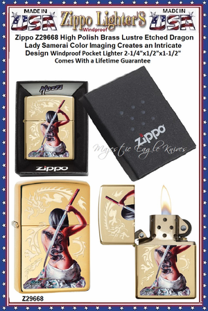 Zippo Windproof Lighter Z29668 Zippo High Polish Brass Lustre Etched Dragon Lady Samerai Color Imaging Creates an Intricate Design Windproof Pocket Lighter 2-1/4"x1/2"x1-1/2" Comes With a Lifetime Guarantee      