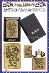 Zippo Windproof Lighter Z29725 Zippo Dragon Design Brushed Brass Windproof Pocket Lighter 2-1/4"x1/2"x1-1/2" Comes With a Lifetime Guarantee Zippo Windproof Lighter Z29725 Zippo Dragon Design Brushed Brass Windproof Pocket Lighter 2-1/4"x1/2"x1-1/2" Comes With a Lifetime Guarantee