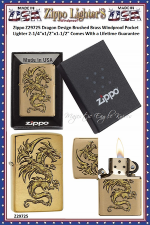 Zippo Windproof Lighter Z29725 Zippo Dragon Design Brushed Brass Windproof Pocket Lighter 2-1/4"x1/2"x1-1/2" Comes With a Lifetime Guarantee Zippo Windproof Lighter Z29725 Zippo Dragon Design Brushed Brass Windproof Pocket Lighter 2-1/4"x1/2"x1-1/2" Comes With a Lifetime Guarantee