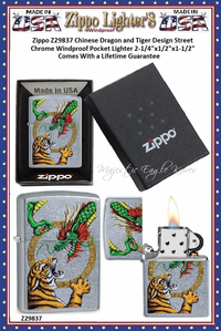 Zippo Windproof Lighter Z29837 Zippo Chinese Dragon and Tiger Design Street Chrome Windproof Pocket Lighter 2-1/4"x1/2"x1-1/2" Comes With a Lifetime Guarantee Zippo Windproof Lighter Z29837 Zippo Chinese Dragon and Tiger Design Street Chrome Windproof Pocket Lighter 2-1/4"x1/2"x1-1/2" Comes With a Lifetime Guarantee
