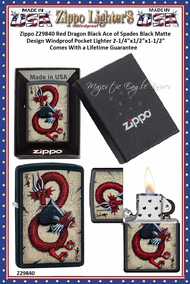 Zippo Windproof Lighter Z29840 Zippo Red Dragon Black Ace of Spades Black Matte Design Windproof Pocket Lighter 2-1/4"x1/2"x1-1/2" Comes With a Lifetime Guarantee Zippo Windproof Lighter Z29840 Zippo Red Dragon Black Ace of Spades Black Matte Design Windproof Pocket Lighter 2-1/4"x1/2"x1-1/2" Comes With a Lifetime Guarantee