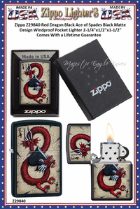 Zippo Windproof Lighter Z29840 Zippo Red Dragon Black Ace of Spades Black Matte Design Windproof Pocket Lighter 2-1/4"x1/2"x1-1/2" Comes With a Lifetime Guarantee Zippo Windproof Lighter Z29840 Zippo Red Dragon Black Ace of Spades Black Matte Design Windproof Pocket Lighter 2-1/4"x1/2"x1-1/2" Comes With a Lifetime Guarantee