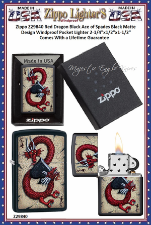 Zippo Windproof Lighter Z29840 Zippo Red Dragon Black Ace of Spades Black Matte Design Windproof Pocket Lighter 2-1/4"x1/2"x1-1/2" Comes With a Lifetime Guarantee 