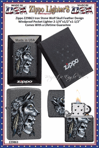 Zippo Windproof Lighter Z29863 Zippo Iron Stone Wolf Skull Feather Design Windproof Pocket Lighter 2-1/4"x1/2"x1-1/2" Comes With a Lifetime Guarantee