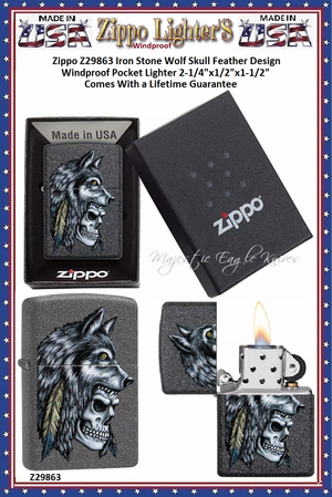 Zippo Windproof Lighter Z29863 Zippo Iron Stone Wolf Skull Feather Design Windproof Pocket Lighter 2-1/4"x1/2"x1-1/2" Comes With a Lifetime Guarantee
