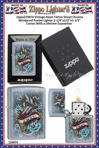 Zippo Windproof Lighter Z29874 Zippo Vintage Heart Tattoo Street Chrome Windproof Pocket Lighter 2-1/4"x1/2"x1-1/2" Comes With a Lifetime Guarantee Zippo Windproof Lighter Z29874 Zippo Vintage Heart Tattoo Street Chrome Windproof Pocket Lighter 2-1/4"x1/2"x1-1/2" Comes With a Lifetime Guarantee