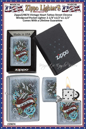 Zippo Windproof Lighter Z29874 Zippo Vintage Heart Tattoo Street Chrome Windproof Pocket Lighter 2-1/4"x1/2"x1-1/2" Comes With a Lifetime Guarantee