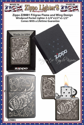 Zippo Windproof Lighter Z29881 Zippo Filigree Flame and Wing Design Windproof Pocket Lighter 2-1/4"x1/2"x1-1/2" Comes With a Lifetime Guarantee  