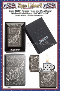 Zippo Windproof Lighter Z29881 Zippo Filigree Flame and Wing Design Windproof Pocket Lighter 2-1/4"x1/2"x1-1/2" Comes With a Lifetime Guarantee Zippo Windproof Lighter Z29881 Zippo Filigree Flame and Wing Design Windproof Pocket Lighter 2-1/4"x1/2"x1-1/2" Comes With a Lifetime Guarantee
