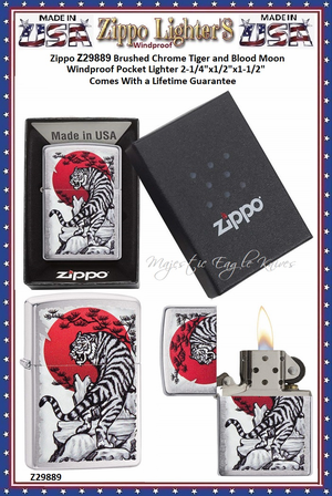 Zippo Windproof Lighter Z29889 Zippo Brushed Chrome Tiger and Blood Moon Windproof Pocket Lighter 2-1/4"x1/2"x1-1/2" Comes With a Lifetime Guarantee 