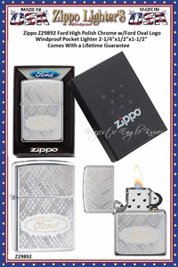 Zippo Windproof Lighter Z29892 Zippo Ford High Polish Chrome w/Ford Oval Logo Windproof Pocket Lighter 2-1/4"x1/2"x1-1/2" Comes With a Lifetime Guarantee 