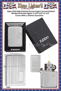 Zippo Windproof Lighter  Z350 Zippo High Polished Chrome Engine Turned Finished Windproof Pocket Lighter 2-1/4"x1/2"x1-1/2" Comes With a Lifetime Guarantee    