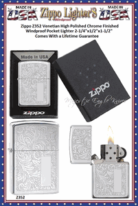 Zippo Windproof Lighter  Z352 Zippo Venetian High Polished Chrome Finished Windproof Pocket Lighter 2-1/4"x1/2"x1-1/2" Comes With a Lifetime Guarantee     