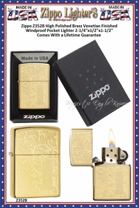 Zippo Windproof Lighter Z352B Zippo High Polished Brass Venetian Finished Windproof Pocket Lighter 2-1/4"x1/2"x1-1/2" Comes With a Lifetime Guarantee Zippo Windproof Lighter Z352B Zippo High Polished Brass Venetian Finished Windproof Pocket Lighter 2-1/4"x1/2"x1-1/2" Comes With a Lifetime Guarantee