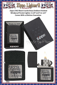 Zippo Windproof Lighter Z362 Zippo Black Crackle Brass Emblem Finished Windproof Pocket Lighter 2-1/4"x1/2"x1-1/2" Comes With a Lifetime Guarantee