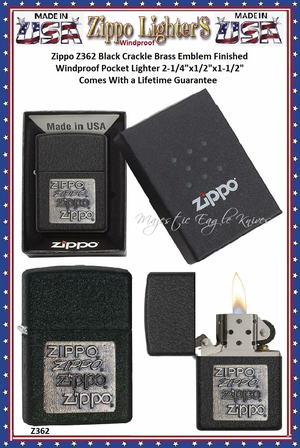 Zippo Windproof Lighter Z362 Zippo Black Crackle Brass Emblem Finished Windproof Pocket Lighter 2-1/4"x1/2"x1-1/2" Comes With a Lifetime Guarantee Zippo Windproof Lighter Z362 Zippo Black Crackle Brass Emblem Finished Windproof Pocket Lighter 2-1/4"x1/2"x1-1/2" Comes With a Lifetime Guarantee