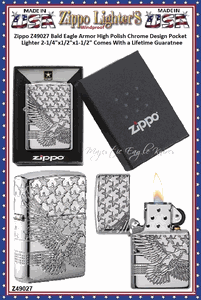 Zippo Windproof Lighter Z49027 Zippo Bald Eagle Armor High Polish Chrome Finish Windproof Pocket Lighter 2-1/4"x1/2"x1-1/2" Comes With a Lifetime Guarantee    