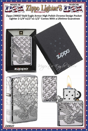 Zippo Windproof Lighter Z49027 Zippo Bald Eagle Armor High Polish Chrome Finish Windproof Pocket Lighter 2-1/4"x1/2"x1-1/2" Comes With a Lifetime Guarantee Zippo Windproof Lighter Z49027 Zippo Bald Eagle Armor High Polish Chrome Finish Windproof Pocket Lighter 2-1/4"x1/2"x1-1/2" Comes With a Lifetime Guarantee