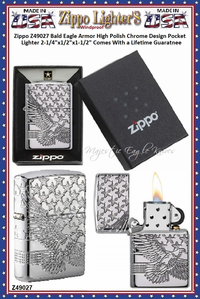Zippo Windproof Lighter Z49027 Zippo Bald Eagle Armor High Polish Chrome Finish Windproof Pocket Lighter 2-1/4"x1/2"x1-1/2" Comes With a Lifetime Guarantee Zippo Windproof Lighter Z49027 Zippo Bald Eagle Armor High Polish Chrome Finish Windproof Pocket Lighter 2-1/4"x1/2"x1-1/2" Comes With a Lifetime Guarantee