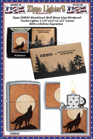 Zippo Windproof Lighter Z49043 Zippo Woodchuck Wolf Moon Inlay Windproof Pocket Lighter 2-1/4"x1/2"x1-1/2" Comes With a Lifetime Guarantee