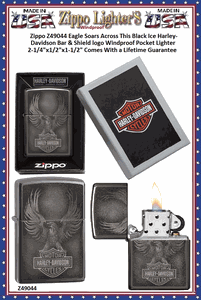 Zippo Windproof Lighter Z49044 Zippo Eagle Soars Across This Black Ice Harley-Davidson Bar & Shield logo Windproof Pocket Lighter 2-1/4"x1/2"x1-1/2" Comes With a Lifetime Guarantee 