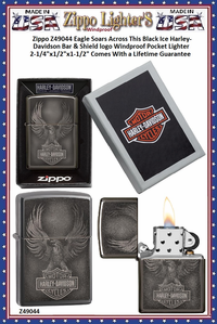 Zippo Windproof Lighter Z49044 Zippo Eagle Soars Across This Black Ice Harley-Davidson Bar & Shield logo Windproof Pocket Lighter 2-1/4"x1/2"x1-1/2" Comes With a Lifetime Guarantee 