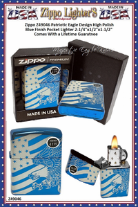 Zippo Windproof Lighter Z49046 Zippo Patriotic Eagle Design High Polish Blue Finish Windproof Pocket Lighter 2-1/4"x1/2"x1-1/2" Comes With a Lifetime Guarantee Zippo Windproof Lighter Z49046 Zippo Patriotic Eagle Design High Polish Blue Finish Windproof Pocket Lighter 2-1/4"x1/2"x1-1/2" Comes With a Lifetime Guarantee