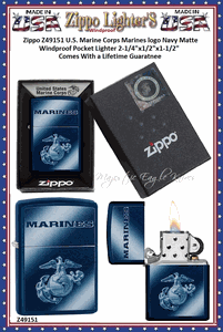 Zippo Windproof Lighter Z49151 Zippo U.S. Marine Corps Marines logo Navy Matte Windproof Pocket Lighter 2-1/4"x1/2"x1-1/2" Comes With a Lifetime Guarantee    