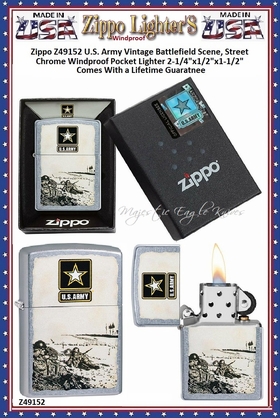 Zippo Windproof Lighter Z49152 Zippo U.S. Army Vintage Battlefield Scene, Street Chrome Windproof Pocket Lighter 2-1/4"x1/2"x1-1/2" Comes With a Lifetime Guarantee